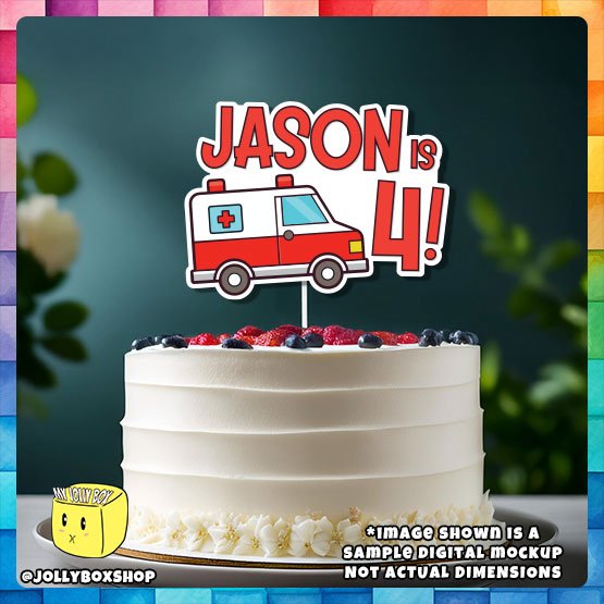 Digital Mockup of A Cute Ambulance Theme Cake Topper Place on a Cake