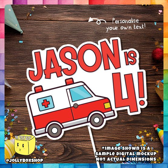 Digital Mockup of A Cute Ambulance Theme Cake Topper Place on a Table