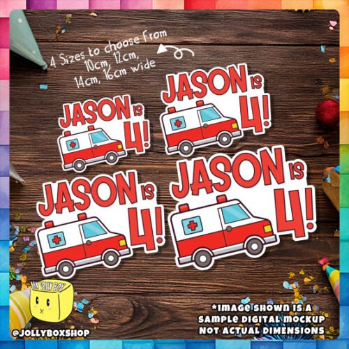 Digital Mockup of A Cute Ambulance Theme Cake Topper in 4 Diffferent sizes for different size cakes