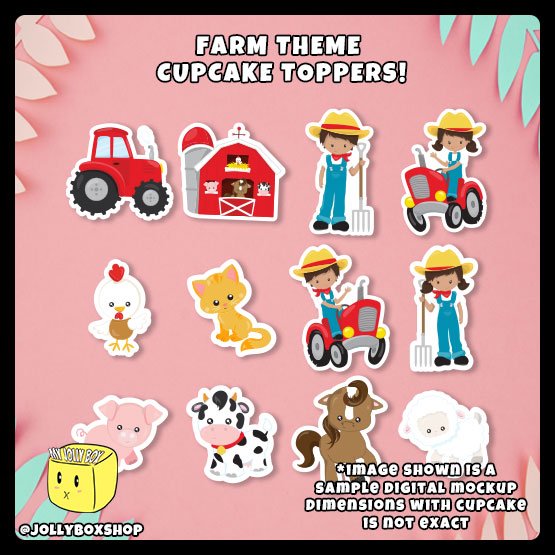Digital mockup of a set of Animal Farm Theme Cupcake Toppers