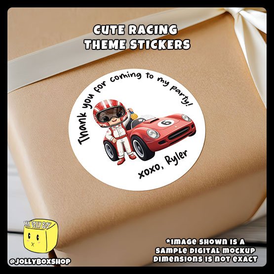 Digital mockup of a cute racer posing beside his red sports car round sticker pasted on gift box