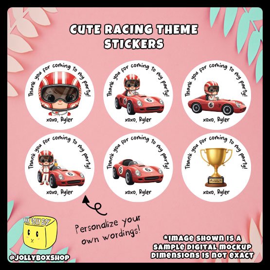 Digital Mockup of a set of Cute Racing Theme Stickers