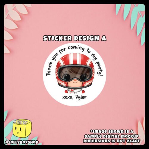 Racing-Theme-Stickers-Design-A Digital Mockup of a Cute Racing Theme Round Sticker - Design A