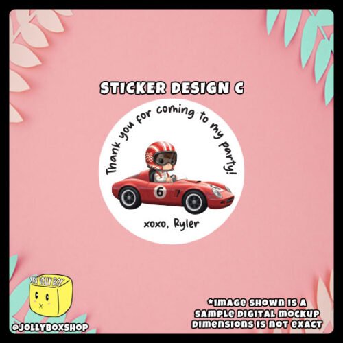 Racing-Theme-Stickers-Design-C Digital Mockup of a Cute Racing Theme Round Sticker - Design C