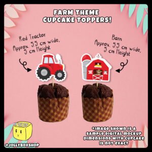 Digital mockup of a red tractor and barn cupcake topper