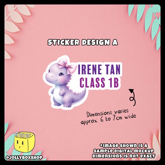 Image shows a sample mockup of a cute purple dinosaur with personalize name and class sticker design A
