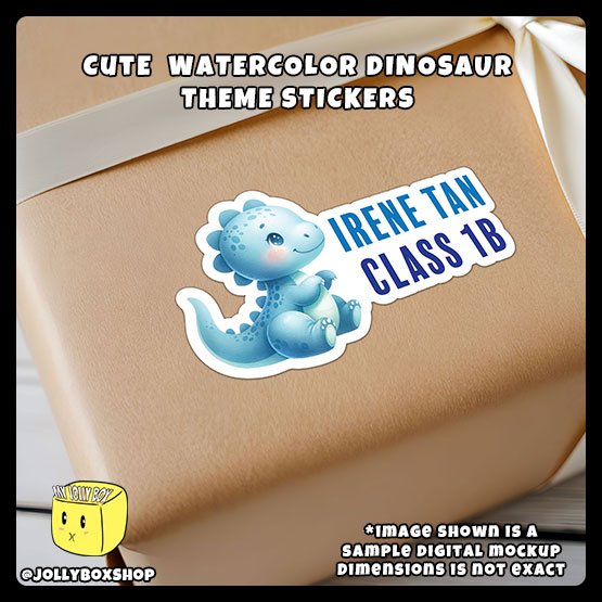 Digital mockup of a cute blue dinosaur sticker pasted on gift box