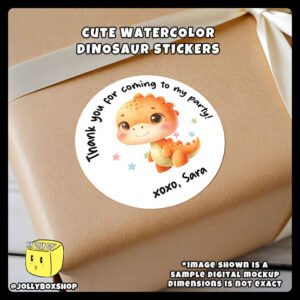 Digital-Mockup-of-a-Cute-Watercolor-Dinosaur-Theme-Sticker-Pasted-on-Gift-Box Digital mockup of a cute orange dinosaur round sticker pasted on gift box