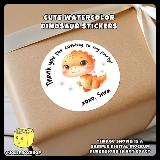 Digital mockup of a cute orange dinosaur round sticker pasted on gift box