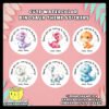 Digital mockup of a sample of 6 different designs of cute watercolor theme dinosaur stickers