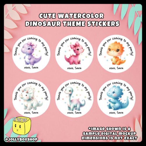 Digital mockup of a sample of 6 different designs of cute watercolor theme dinosaur stickers