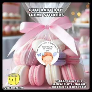 Personalize Cute Baby Boy Theme Sticker pasted on a goodie bag filled with macarons