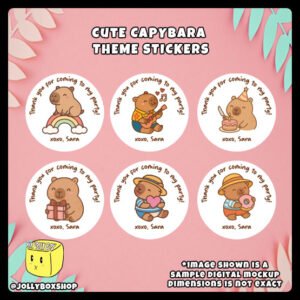 Digital mockup of a 6 unique designs cute capybaras round stickers