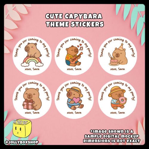 Digital-Mockup-of-6-designs-of-Cute-Capybara-Theme-Stickers Digital mockup of a 6 unique designs cute capybaras round stickers