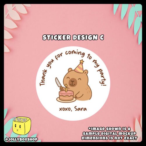 Digital-Mockup-of-Cute-Capybara-cutting-a-cake-Theme-Sticker-Design-C Digital mockup of a cute capybara round sticker design C