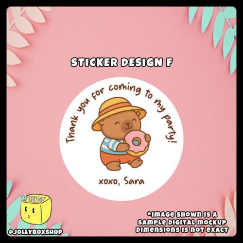Digital-Mockup-of-Cute-Capybara-holding-a-donut-Theme-Sticker-Design-A Digital mockup of a cute capybara round sticker design F