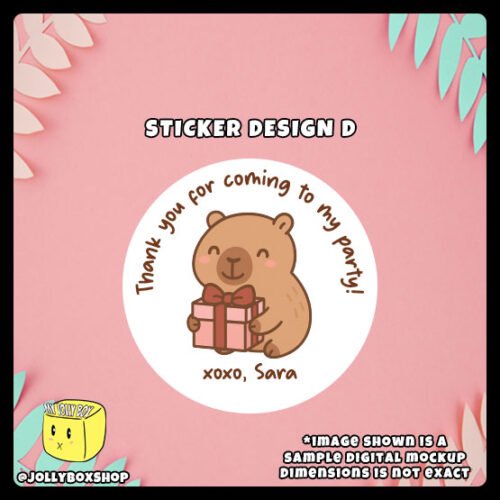 Digital-Mockup-of-Cute-Capybara-holding-a-gift-box-Theme-Sticker-Design-D Digital mockup of a cute capybara round sticker design D