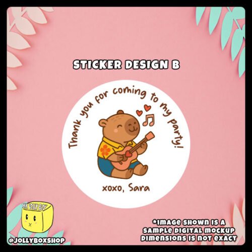 Digital-Mockup-of-Cute-Capybara-playing-guitar-Theme-Sticker-Design-B Digital mockup of a cute capybara round sticker design B