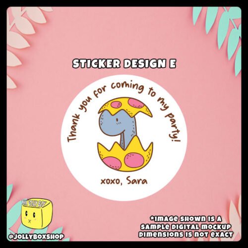 Digital-Mockup-of-a-Cute-Party-Dinosaur-Hatched-out-of-its-egg-Theme-Sticker-Design-E Digital mockup of a cute party dinosaur round sticker design E