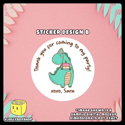 Digital-Mockup-of-a-Cute-Party-Dinosaur-Holding-a-Cake-Theme-Sticker-Design-B Digital mockup of a cute party dinosaur round sticker design B
