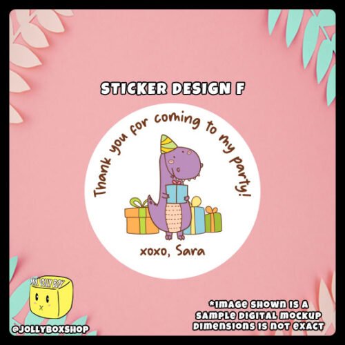 Digital-Mockup-of-a-Cute-Party-Dinosaur-Holding-a-gift-Theme-Sticker-Design-F Digital mockup of a cute party dinosaur round sticker design F