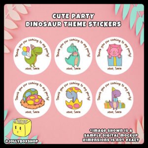 Digital mockup of a 6 unique designs cute party dinosaurs round stickers