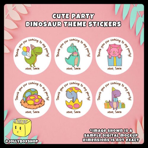 Digital-Mockup-of-a-Cute-Party-Dinosaur-Theme-Sticker-in-6-different-designs Digital mockup of a 6 unique designs cute party dinosaurs round stickers