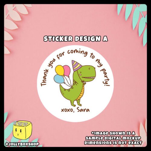 Digital-Mockup-of-a-Cute-Party-Dinosaur-With-Colorful-Balloons-Theme-Sticker-Design-B Digital mockup of a cute party dinosaur round sticker design A