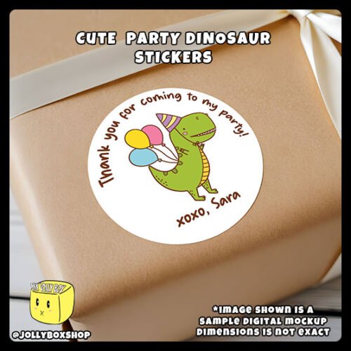 Digital-Mockup-of-a-Cute-Party-Dinosaur-With-Colorful-Balloons-Theme-Sticker-Design-B-Pasted-on-Gift-Box Digital mockup of a cute party dinosaur round sticker design A pasted on gift box