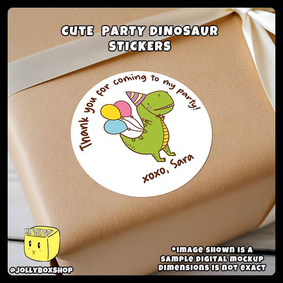 Digital mockup of a cute party dinosaur round sticker design A pasted on gift box