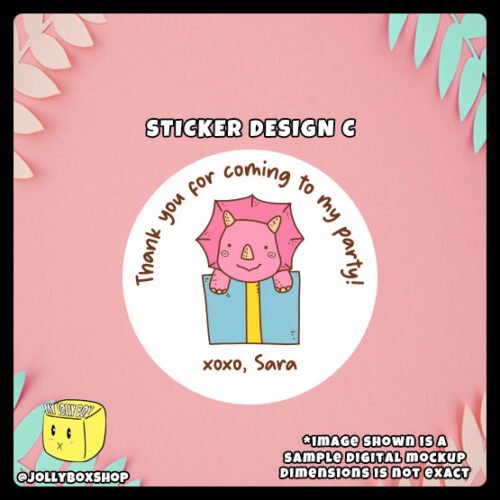 Digital-Mockup-of-a-Cute-Party-Hiding-in-a-gift-box-Theme-Sticker-Design-C Digital mockup of a cute party dinosaur round sticker design C