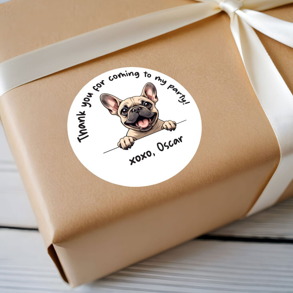 Digital Mockup of a Cute Peeking Dogs Theme Sticker Design A Pasted on Gift Box Featured Image