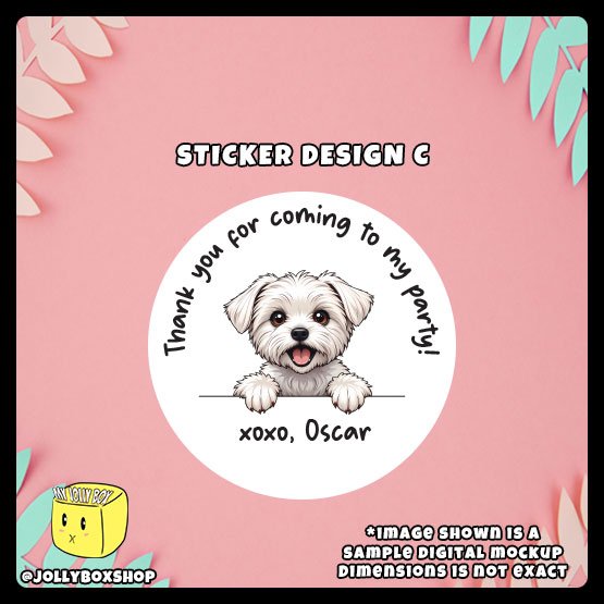 Digital mockup of a cute peeking dog round sticker design C