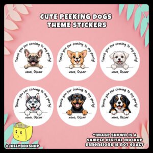 Digital mockup of a 6 unique designs cute peeking dog round stickers
