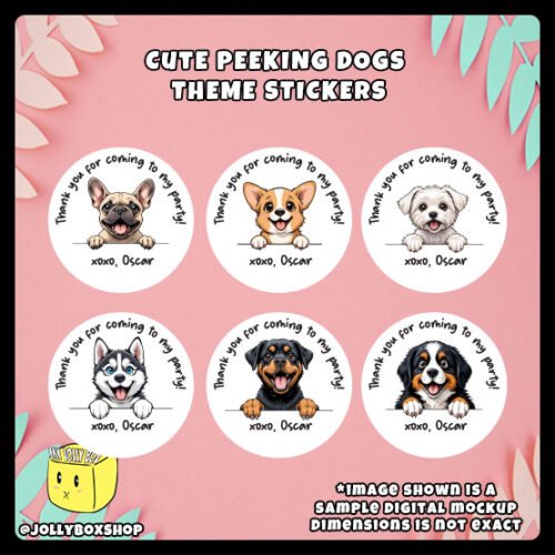 Digital-Mockup-of-a-Cute-Peeking-Dogs-Theme-Stickers-6-Different-Dog-Designs Digital mockup of a 6 unique designs cute peeking dog round stickers