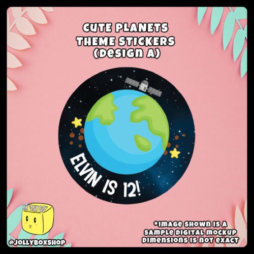 Personalized-Cute-Planets-Theme-Round-Stickers-Design-A Digital mockup of a Personalize Cute Planets Theme Sticker Design A - Earth with a satellite hovering over it