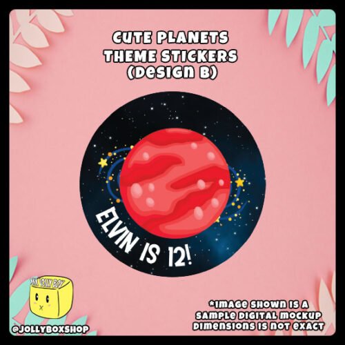 Personalized-Cute-Planets-Theme-Round-Stickers-Design-B Digital mockup of a Personalize Cute Planets Theme Sticker Design B - Red Planet