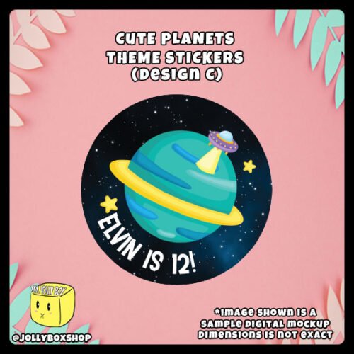 Personalized-Cute-Planets-Theme-Round-Stickers-Design-C Digital mockup of a Personalize Cute Planets Theme Sticker Design C - Green Planet with a spaceship hovering over it
