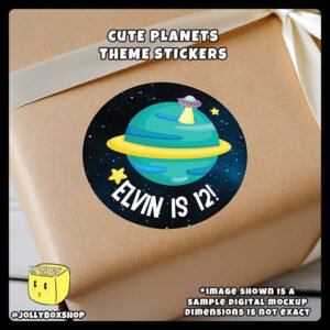 Digital mockup of a Personalize Cute Planets Theme Sticker Design C pasted on a gift box