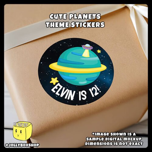 Personalized-Cute-Planets-Theme-Round-Stickers-Design-C-Pasted-on-Gift-Box Digital mockup of a Personalize Cute Planets Theme Sticker Design C pasted on a gift box