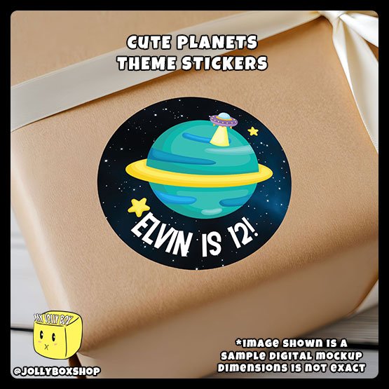 Digital mockup of a Personalize Cute Planets Theme Sticker Design C pasted on a gift box