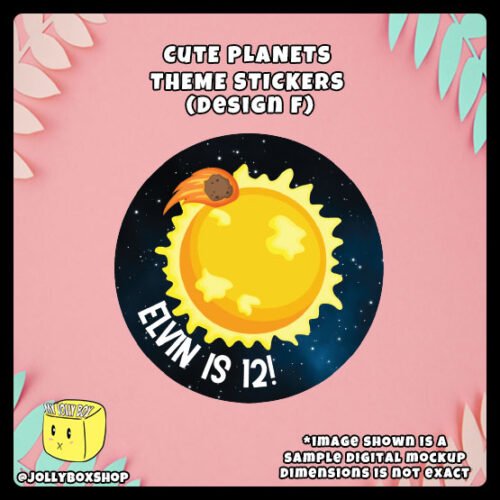 Personalized-Cute-Planets-Theme-Round-Stickers-Design-F Digital mockup of a Personalize Cute Planets Theme Sticker Design F - Sun moon with an asteroid flying past