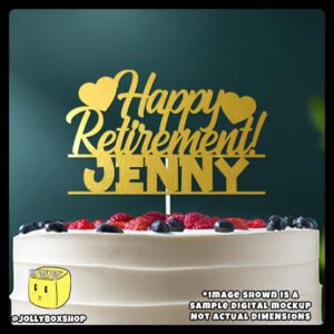Digital Mockup of a Personalized Happy Retirement Theme with Name and Hearts Cake Topper Placed on Cake