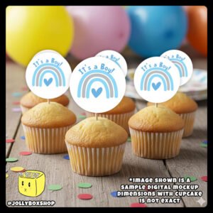 Digital mockup of It's a Boy Blue pastel theme rainbow cupcake toppers placed on cupcakes