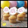 Digital mockup of It's a Girl Pink pastel theme rainbow cupcake toppers placed on cupcakes