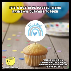 Digital mockup of It's a Boy Blue pastel theme rainbow cupcake topper placed on cupcake