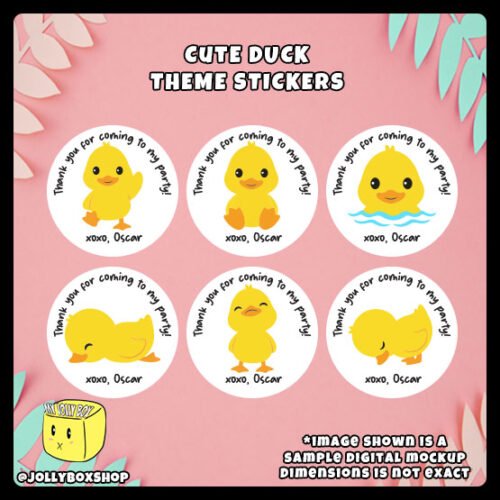 Cute-Duck-Theme-Stickers-in-6-Different-Designs Digital mockup of a 6 unique designs cute ducks round stickers