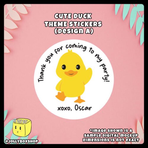 Cute-Waving-Duck-Sticker-Design-A Digital mockup of a cute duck round sticker design A
