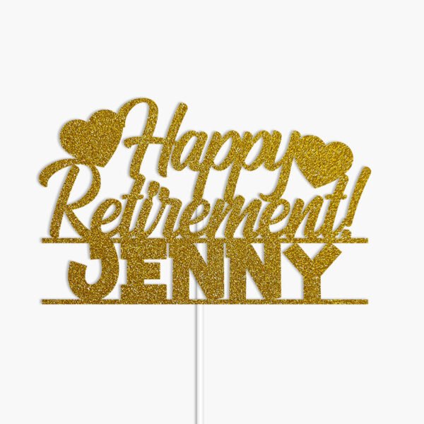 Personalize Hearts Theme Happy Retirement with Name Cake Topper