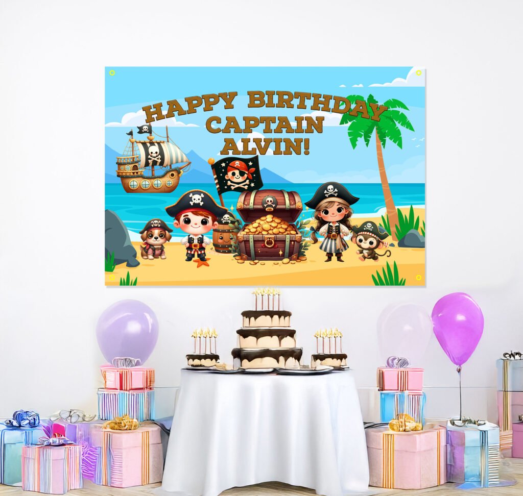 Digital mockup of a pirate theme backdop banner with white wall background Featured Image